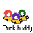 Animated contact sheet showing six sequential frames of a pixelated buddy icon with yellow stick figures and rainbow rings, each frame labeled "Punk buddy" below.