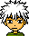 Pixel art character with spiky white hair, orange face, green shirt, and two distinct poses showing hand near mouth in second frame.