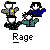 Pixel art of three figures in dynamic poses with white faces, one in gray with yellow square, one in blue, one in teal, below text 'Rage' on gray background.