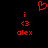 Red pixel art displays two identical side-by-side icons with 'alex' text, each featuring a heart symbol above and an eye icon below on black background.