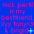 Blue background with repeated pink text 'nick perfil is my bestfriend' and cyan symbols '& brigid', 'ilyy tony<3', changing from '+' to '.' to ':' in the third