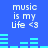 Blue background with white text reading "music is my life <3" and cyan audio equalizer bars in two , showing animation changes in bar heights