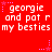 Red background with repeated white text 'georgie and pat r my besties' and pink star accents in a static pixelated layout.