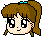 Pixelated anime-style character with brown pigtails and blue hair clip, showing multiple facial expressions against green background.