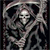 Pixelated grayscale icon of a skeletal figure holding a scythe, with a dark background and no visible text.