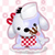 Pixelated cartoon dog with white fur, black eyes and nose, red checkered bow tie, and red bow on left ear, standing against pink and white checkered background.