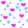Pixelated pink, purple, and cyan butterflies and stars scattered across a white background with a gray rectangular overlay in the bottom right corner.
