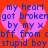 A static image with a bright red background featuring two overlapping pink hearts and blue pixelated text reading "my heart got broken by my x bff from cbff stupid boy".