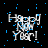 Animated pixel art displays 'Happy Year!' text with blue particle effects on black background, transitioning through five distinct frames.