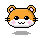 Pixel art hamster head with orange fur, pink inner ears, white muzzle, and black eyes; four variations show different expressions including blush marks and a floating heart.