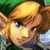 Pixelated close-up of a cartoon character with light brown hair and blue eyes against green foliage background.