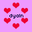 Pixelated red hearts float on a light purple background with the word 'dyain' repeated in dark blue text.