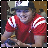 A person in a red shirt with white stripes and a dark cap with a white logo, holding a small object, in a pixelated image with two nearly identical frames.