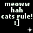 Black background with white pixelated text repeating 'meoww hah cats rule! :]'; three of identical text; small white symbols between