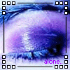 A close-up of a person's eye with purple eyeshadow, framed by black and white pixelated borders containing text 'alone..' in purple.