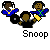 Pixel art animation of three figures in blue and black attire with yellow accents, showing sequential pose changes against a gray background.