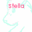 Pixelated pink text 'stella' and 'Wolfiee' appear above light blue curved lines on a white background.