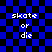 Blue and black checkered background with white text reading "skate or die" in four identical arranged in a