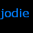 A contact sheet of six animated frames showing the name "jodie" in various pixelated fonts and colors against a black background.
