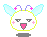 Pixelated character with light blue wings, purple antennae with pink stars, pink cheeks, and a pink mouth, displayed in four variations with wing and cheek changes.