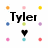 Pixelated black text 'Tyler' centered above a pixelated heart, surrounded by scattered colored squares on white background.