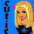 Pixelated image of a blonde woman with blue eyes and pink lips wearing a black top with a blue star, against a bright blue background with scattered pink crosses.