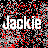 Static pixelated icon with bold white text "Jackie" over a black background featuring scattered red and gray pixels.