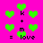 Bright pink background with green heart shapes and black text forming 'k + m = love' equations across multiple repeated sections.