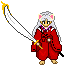 Pixel art character in red robe with white hair and cat ears holding a large sword, displayed across showing slight pose variations