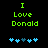 Green pixelated text "I Love Donald" on black background with blue and dark blue heart symbols below, two variations of heart arrangement.