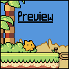 Pixel art scene with a yellow cat-like creature on green grass, palm tree, blue sky background, and "Preview" text.
