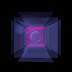 A rotating 3D geometric shape with purple and pink hues, featuring a central circular element and angular outer facets.
