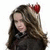 A woman with long brown hair wears a dark coat and a red heart-shaped accessory on her head, shown in three sequential poses with subtle head and hair movement.