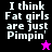 Pixelated text reads "I think Fat girls are just Pimpin'" with a small star icon, displayed across four color variations of black, purple, pink, and dark purple backgrounds.