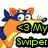Pixelated cartoon character with orange body and blue head, holding a black object, with green text reading '<3 My Swiper' overlaid on the image.