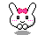 Pixel art bunny with pink bow, cheeks, and tongue in four distinct poses on gray background.