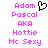 Pixelated text in bright pink displays 'Adam Pascal AKA Hottie Mc Sexy' with a black heart symbol above the name, set against white background.