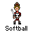 Pixel art character in red and white uniform holding a bat, with text 'Softball' below, showing animation frames with ball movement.