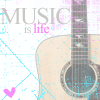 A static image featuring a light brown acoustic guitar with blue and pink digital effects, overlaid text reading "MUSIC IS life," and a small pink heart symbol.