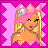 Pixel art contact sheet showing a pink-themed animated character with multiple frames displaying different body parts and text elements on a zigzag-patterned background.