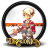 Pixelated character with light hair in a black circular frame, wearing red and brown clothing, standing on a golden base with orange horizontal stripe.