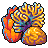 Pixelated abstract shape with orange, yellow, blue, and purple hues forming a rounded cluster against gray background.