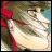 Pixelated anime-style character with brown hair and red accents, next to stylized text on a black background.