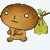 Brown cartoon character with round head and white eyes walks while carrying yellow sack over shoulder, shown in three sequential poses.
