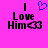 A static image with a bright pink background displays the text "I Love Him" in black pixelated font, where the 'o' is replaced by a blue heart symbol on the left side and a black heart symbol on the right side.