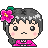 Pixel art avatar with gray hair, pink flower, and pink patterned clothing showing three facial expressions: neutral, smiling, and blushing with a heart.