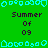 Green background with cyan pixelated border shapes and repeated 'Summer Of 09' text in dark purple.