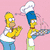 Animated sequence showing Homer Simpson clapping, Marge Simpson holding a tray with chef's hat, and colorful spinning lollipops.