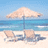 Beach scene with two lounge chairs under a straw umbrella on sandy shore, blue water and sky background; text overlays in pixelated font.