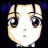Pixelated anime-style face with large brown eyes, blue hair, and a neutral expression on a black background with white text.